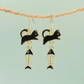 Orecchini creativi a forma di gatto nero e lisca di pesce in oro su corda - Nero