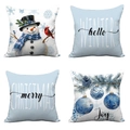 Set of 4 ice blue Christmas pillow covers with snowman and winter holiday designs - Ice Blue White Winter Wishes Set