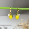 Vibrant yellow lemon flower earrings with green leaf detail and round white pearl drop - Round Buckle Lemon Pearl (FH1003-8)