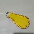 Yellow leather baseball keychain with red cross-stitch detail and silver metal ring - Yellow Baseball Shape Keychain (#4)