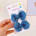 Pair of blue mesh bow hair clips for girls displayed on a decorative card - Blue Mesh Pair