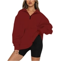 Women's burgundy half-zip pullover sweatshirt with front kangaroo pocket and drop shoulders - Burgundy