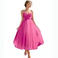 Elegant pink mesh midi dress with spaghetti straps and layered pleated tulle skirt - US size 2 (S) / Bottoms / Bright Pink