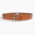 Detail of brown leather belt with silver moon-shaped buckle, eyelets and rivets - Camel D-ring Buckle