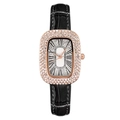 Women's luxury quartz watch with rhinestone-encrusted rose gold case and black leather strap - Black