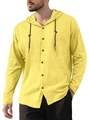 Detail of yellow cotton linen hooded shirt showing button closure and drawstring texture - Lemon Yellow
