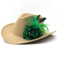 Detail of wool felt top hat with green silk flower, feathers and mesh veil decoration - M (56-58cm) Adjustable / 02 Camel