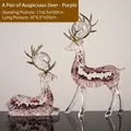 Nordic purple resin deer ornaments with gold antlers and crystal sphere on reflective surface - Double Blessings Of Fortune And Prosperity - Purple 8720-b