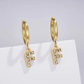 Detail of gold letter F earring with pavé rhinestones on a round clasp hanger - Letter F (Style: 0229)