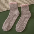 Detail of coral fleece socks with pink anti-slip silicone grippers on the bottom - One Size / Two-tone Khaki