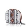 Ethnic geometric print semi-circle canvas card holder and coin purse in white and brown - White
