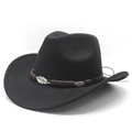 Classic black wool felt cowboy hat with braided brown band and silver leaf metal accessory - Black