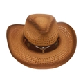 Brown woven western cowboy straw hat with silver bull head and leather band detail - Khaki 2 (Brown Bull)