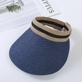Navy blue straw sun visor with wide beige and black striped elastic band for women - Rainbow Raffia Straw Style / Navy Blue