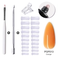 Poly nail gel kit in orange shade featuring dual-ended brush, clips and nail extension molds - Orange