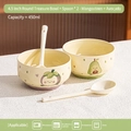 Cute ceramic fruit bowl set with hand-painted mangosteen and avocado cartoon patterns - Avocado + Mangosteen / 2 Bowls + 2 Spoons