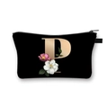 Black polyester pouch with golden letter P and floral print for makeup storage - Letter P