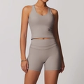 Set da yoga da donna color talpa con top a vogatore e pantaloncini a vita alta - Taglia S / Top E Pantaloni / Canotta + Pantaloncini / Lino