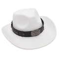 Close-up of white cowboy hat with vintage faux leather band and silver bull head badge - One Size / White