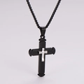 Detail of black cross pendant with engraved patterns and silver inlay on metal chain - Large (44mmx28mm) / Two-tone Black