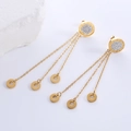 Detail of gold fringe earrings with Roman numeral engraving and sparkling crystal accents - Gold Roman Numeral Rhinestone Center Tassel (Style 5)