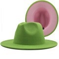 Flat brim wool felt fedora in grass green and pink two-tone contrast design - Fruit Green/Pink