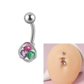 Silver belly button ring featuring three heart-shaped colored zircon stones and accents - Silver-Colorful Hearts