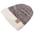 Winter beanie in brown and white knit blend with leather label and ribbed cuff - Coffee