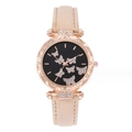 Fashion women's quartz watch with butterfly pattern black dial and beige leather strap - Beige