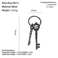 Vintage cast iron key hook set with decorative keys and dimensions in rustic brown - 6071 Pair of Keys with Ring