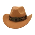 Detail of camel felt cowboy hat with floral embroidered band and vintage metal buckle - Camel