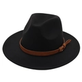 Classic black felt fedora hat with a stylish brown leather belt buckle for men and women - One Size / Black