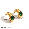 Chunky 18k gold plated water drop stud earrings with emerald green crystal stone - Arch Style with Green Gemstone (TE60068) / Gold