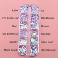 Nail art sequin set featuring 12 diverse shapes with colorful iridescent finish - T-355-Purple A (Mixed Symbols)