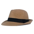 Dettaglio di un cappello fedora in paglia intrecciata marrone chiaro con nastro nero - 52cm / Cachi
