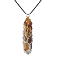 Macro detail of Tree of Life silver wire wrap on hexagonal tiger eye stone pendant - Wire Wrapped Tiger Eye + Leather Cord