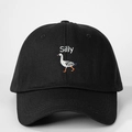 Classic black cotton baseball cap featuring Silly text and embroidered duck pattern - Black