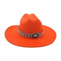 Orange wide brim felt fedora hat with ethnic jacquard band and turquoise stone - Large Brim Oval Blue Stone / Orange