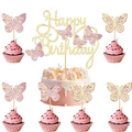 Golden glittery Happy Birthday cake topper set with purple butterfly decorations - Gold Large Topper + 6 Pink & Gold Butterfly Small Toppers / Set of 7 Pieces (1 Large 6 Small)