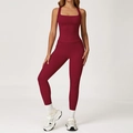 Women's burgundy yoga set featuring square neck sports bra and high waist leggings - 2044 Vest + 2030-1 Pants - Cherry Red