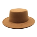 Detail shot of the flat top crown and texture of the brown wool felt boater hat - M (56-58cm) / Khaki