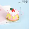 Fake strawberry cake keychain with pink frosting and golden tray, 4.5cm wide accessory - D01 Yellow Cream Strawberry