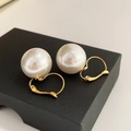 14K gold plated hoop earrings with large round white pearls on a black display box - Hoop Pearl Style / Diameter 16mm / White