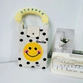 Polka dot knitted mini phone bag with yellow smiley face and soft top handle - Beige Polka Dot Smile (Handle + Strap)