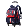Kids navy and red rolling backpack with 6-wheel stair climbing trolley and matching pouch - 6-Wheel Trolley (Stair Climbing) / Dark Blue with Red