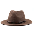 Cappello da cowboy in paglia marrone con fascia etnica e piuma per protezione solare - M(56-58cm) / Marrone