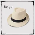 Atmungsaktiver beige Leinen-Fedora-Hut für Sommer-Sonnenschutz mit schwarzem Band - M (56-58cm) / Beige