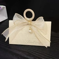 Champagne triangular wedding favor box with wooden ring, pearl charm and Sweet Wishes ribbon - Beige Box + Beige Gold-trimmed Fishtail Yarn + 10mm Pearl + Brooch / Small Size (do Not Use Wooden Rings)