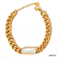 Bracelet à maillons cubains dorés avec incrustation de nacre blanche et acier inox - Style Rectangle en Coquille Blanche (SAK741)