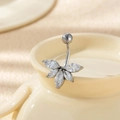 Silver flower belly button ring featuring clear marquise-cut zircons on a curved barbell - Leaf Shape (3#-Silver)